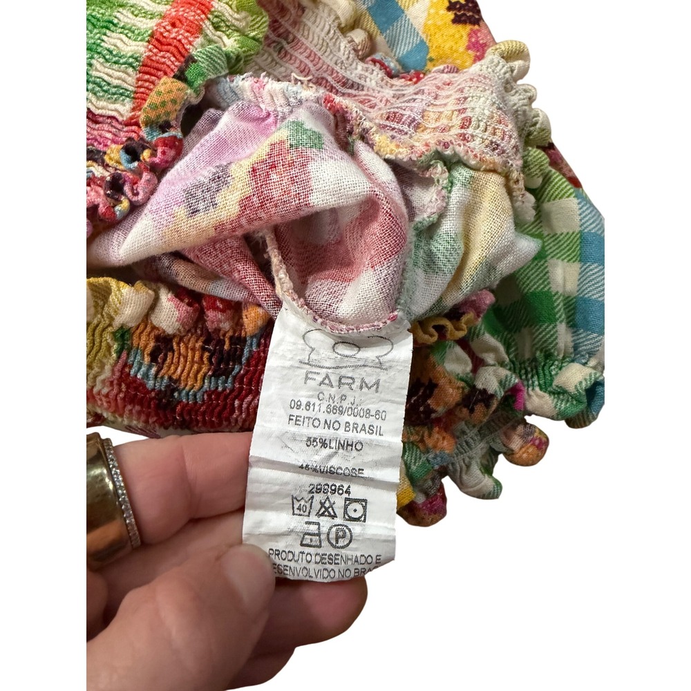 Farm Rio Gingham Fruit Floral Smocked Crop Top Puff Sleeve V-Neck Brazil Small - Picture 4 of 5